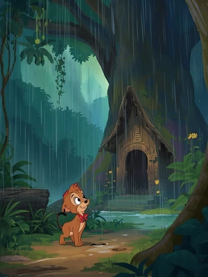 Gambar kartun klasik Disney: Si Kancil berlari di bawah hujan le...