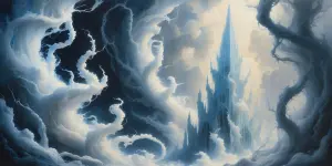 In the ethereal cloud city, wispy tendrils of pale blue and silv...