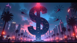 massive skyscraper shaped like a dollar sign glowing at night, s...