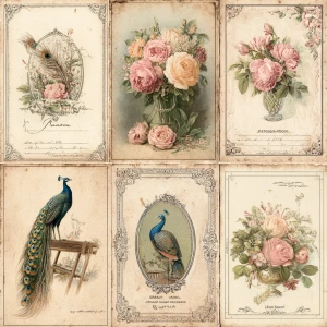 Print-ready vintage ephemera sheet with 6 coordinated shabby-chi...