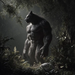 In a moonlit forest clearing, envision a fearsome lycanthrope to...