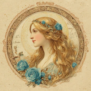 Circular cameo frame with fine laurel filigree; serene lady with...