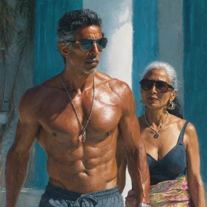Hyperrealism,oil painting.a muscular sweaty indian  villain man,...