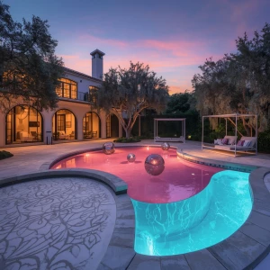 Paint a vivid scene of a luxurious mansion's rear terrace at dus...