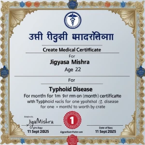 Create a medical certificate  for jigyasa mishra
Age 22 for typ...