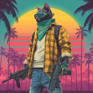 A humanoid cat character standing in a tropical setting with a b...