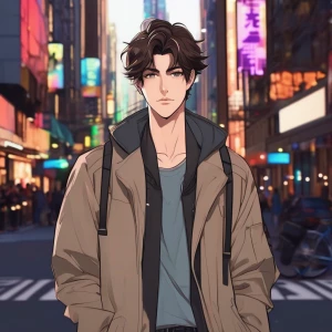 A tall, boyish yet polished young man in webtoon comic style, st...