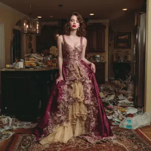 a woman wearing a couture dress but in a home setting with a mes...