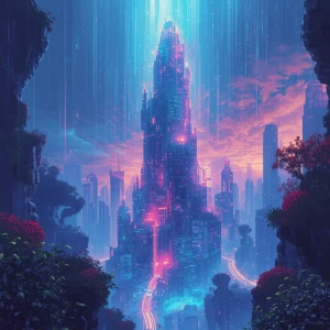 In the futuristic depiction of a dystopian luminous holo-deck ex...