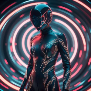 A mysterious figure in a sleek, futuristic suit stands amidst a...