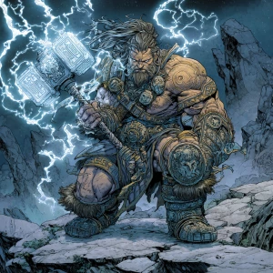 Full-body portrait of a mythic thunder warrior with muscular bui...