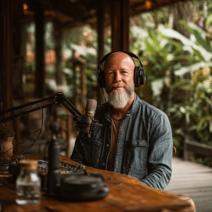 An experienced meditation coach is seated before a microphone in...