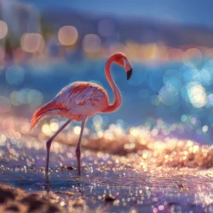 Flamingo by the shoreline, beach, bokeh
