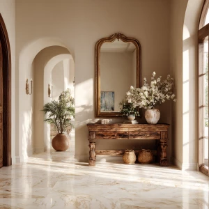 Create a 16:9 aspect ratio image of an elegant Italian foyer fea...