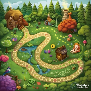 A detailed fantasy board game illustration with a path made of 1...