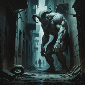 In a dimly lit alley, a numinous noir-inspired giant looms, cloa...