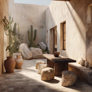Create a detailed image of a desert-inspired courtyard with ston...