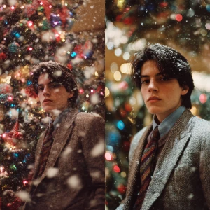 A young man dressed in 80s fashion, looking in the camera  in fr...