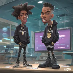 Create a photorealistic cartoon-style caricature featuring two A...