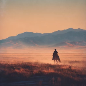 A lone cowboy on horseback rides across wide open prairies at su...