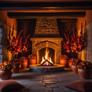 Forest Flame Hearth Room: A warm, fire-lit lounge glows in deep...