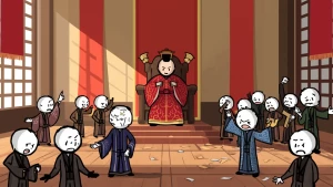 Art Style: Stick figure characters with white round heads, thin...