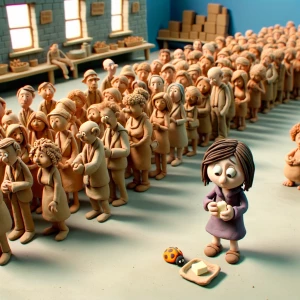 Claymation scene of a girl with an impatient look on her face at...