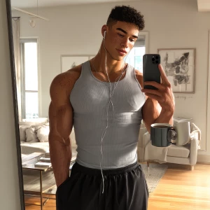 Ultra-realistic mirror selfie of the same young man (light brown...