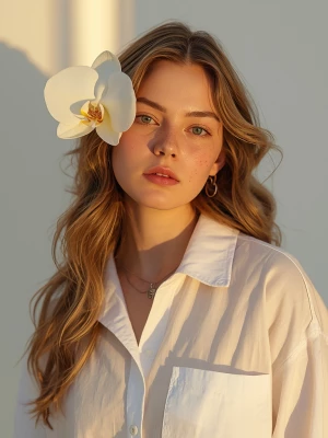 Photorealistic 4:5 vertical studio fashion shot of a beautiful y...