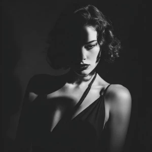 Ultra-realistic noir portrait of a mysterious woman, elegant vin...