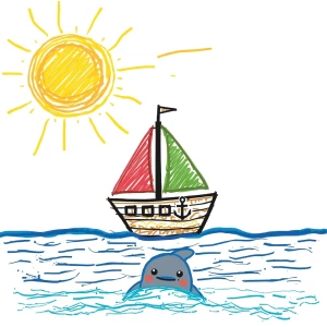 A child's clumsy drawing, using colored markers, of a cute littl...