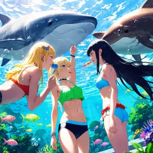 Anime styled girls underwater in a giant aquarium, one with a ra...