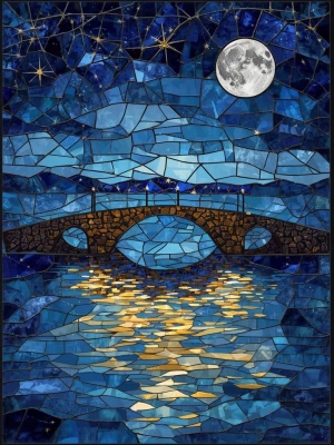 A celestial stained glass artwork depicting an illuminated bridg...