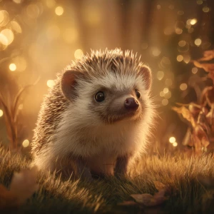ultra-cute baby hedgehog sitting in soft woodland grass at golde...
