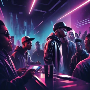 Generate an image of a nightclub scene featuring a group of youn...