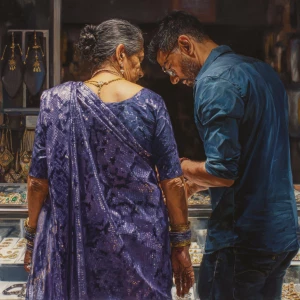 Hyperrealism,oil painting.a  mature gujarati mother in law in he...