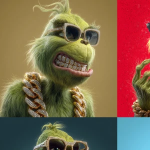 Illustrate a modern, hyper-animated rendition of the Grinch with...