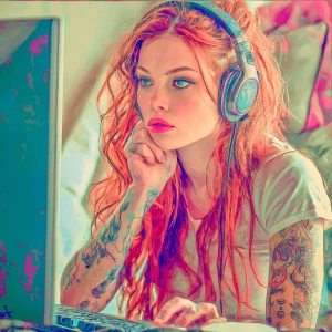 Generate an image of a supermodel woman with red hair and blue e...