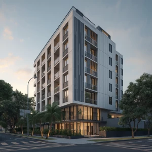 Transforme esta imagem 3D de um edifício residencial em um rende...