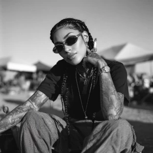 Young Moroccan woman, black hair in braids, built like mountain...