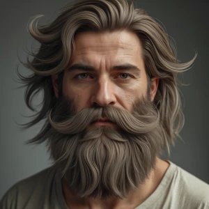 A realistic image of a man with a large beard, mustache, and flo...