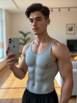 Ultra-realistic mirror selfie of the same young man (light brown...