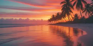 Create an image of a serene beach at sunset, featuring palm tree...