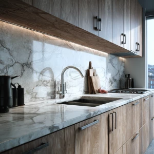 Create a realistic image of a contemporary kitchen featuring wal...