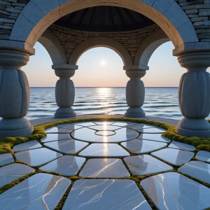 Moonstone Meditation Arch: A serene circular platform paved with...