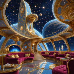 A luxuriously crafted space-faring ark, towering and ornate with...