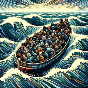 A small, weather-worn migrant boat navigating turbulent waves as...