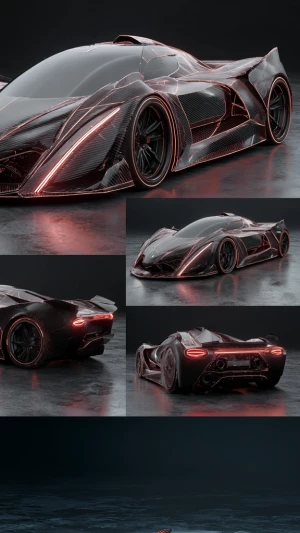 a futuristic hypercar with sharp aerodynamic fins,
carbon fiber...