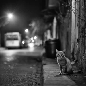 Bir cadde üzerinde tek başına duran sevimli bir kedi. Sokak lamb...