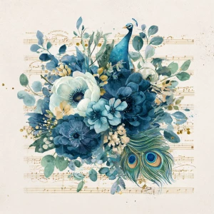 Edge-hugging bouquets of dark blue flowers with peacock feathers...